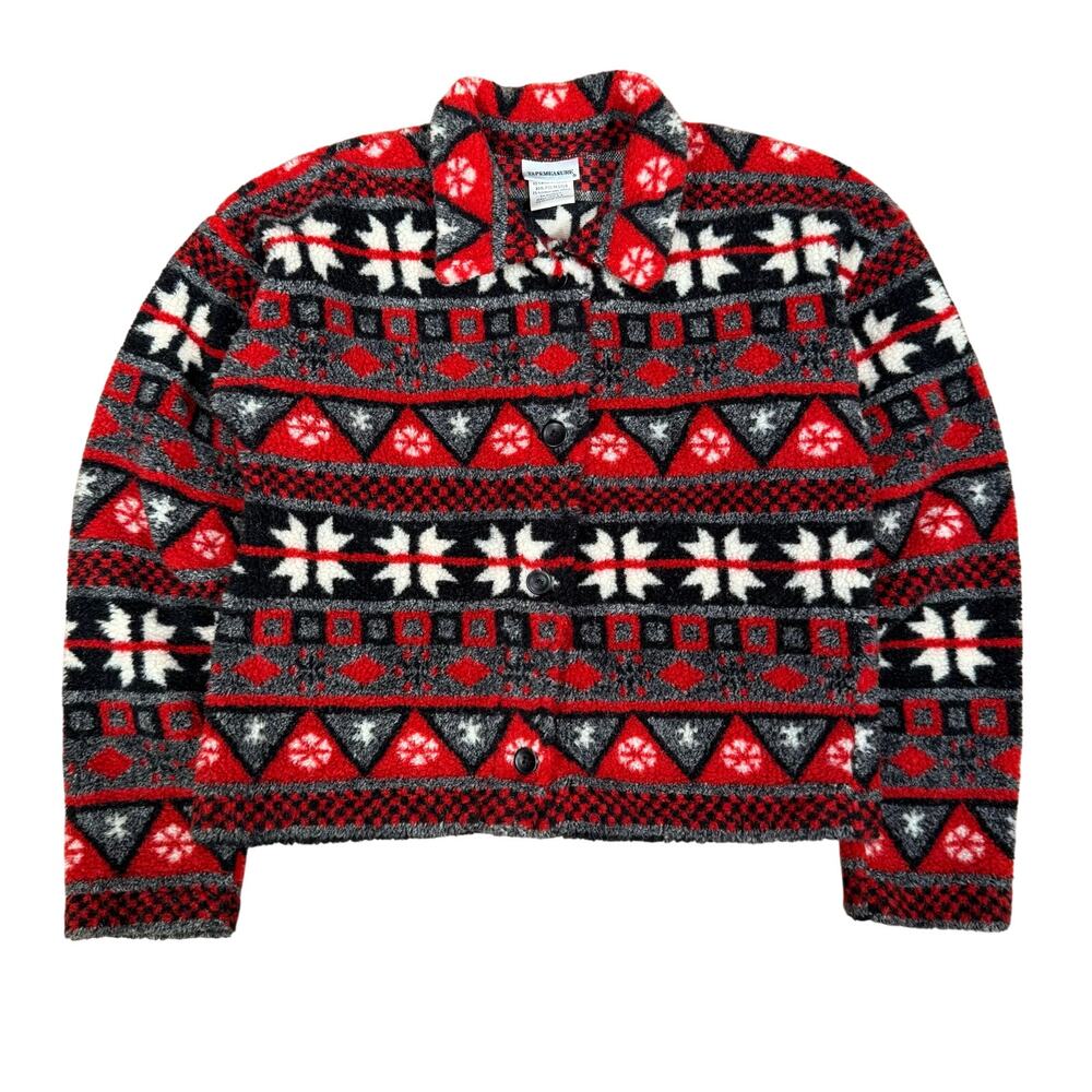 Vintage Red Black Snowflake Pattern Button Fleece Jacket Women’s Medium USA Made